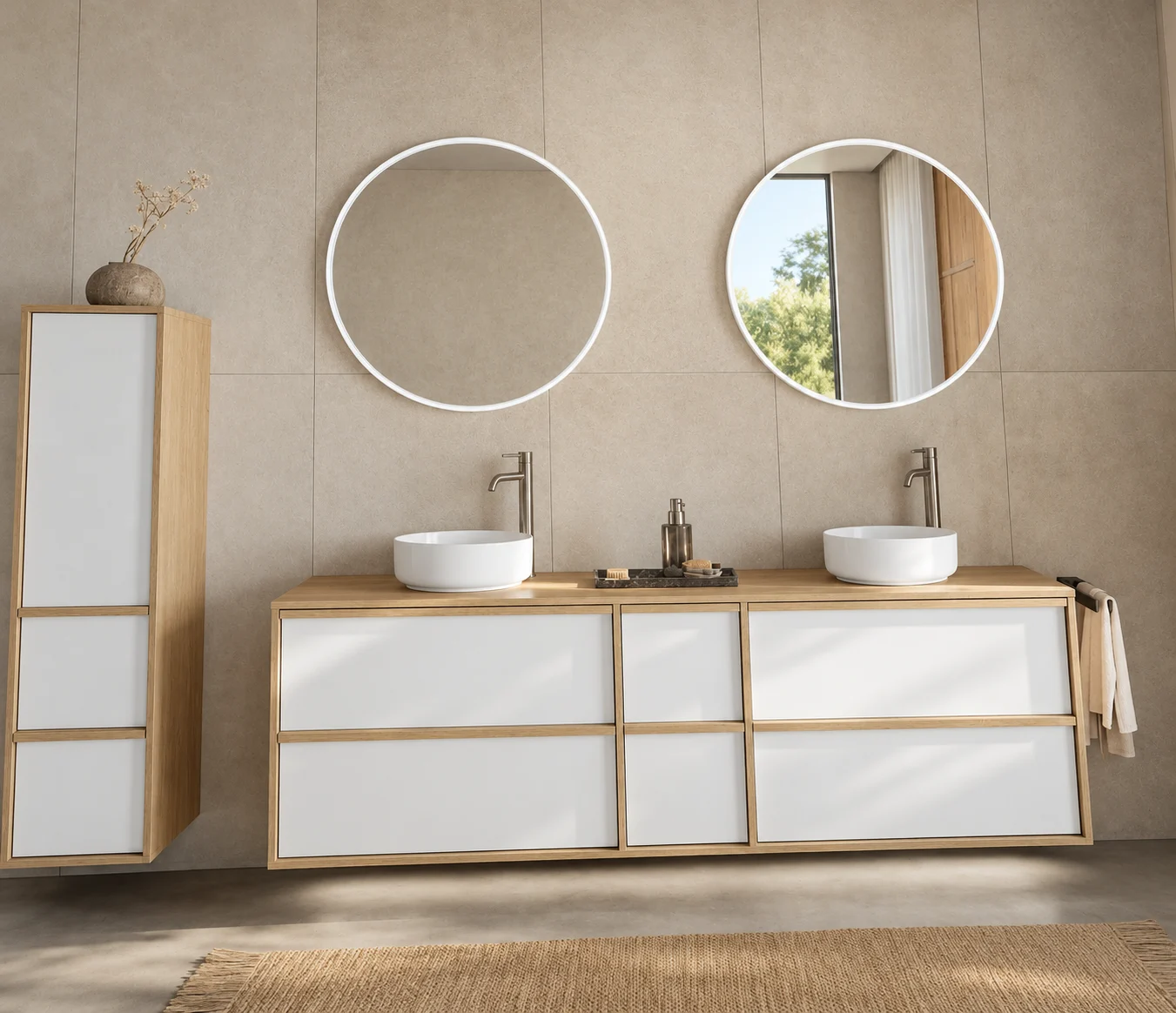 Ambiente ilustrativo de baño con madera clara, dos lavabos y espejos redondos